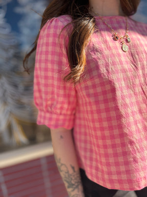Pink Plaid Gingham Puff Sleeve Blouse w/ Scallop Hem