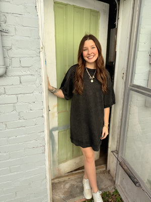 Black Mineral Wash Terry Knit Mini Dress