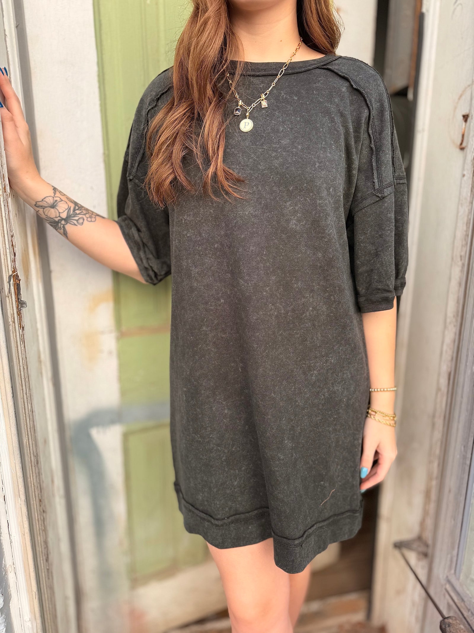 Black Mineral Wash Terry Knit Mini Dress