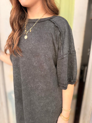 Black Mineral Wash Terry Knit Mini Dress