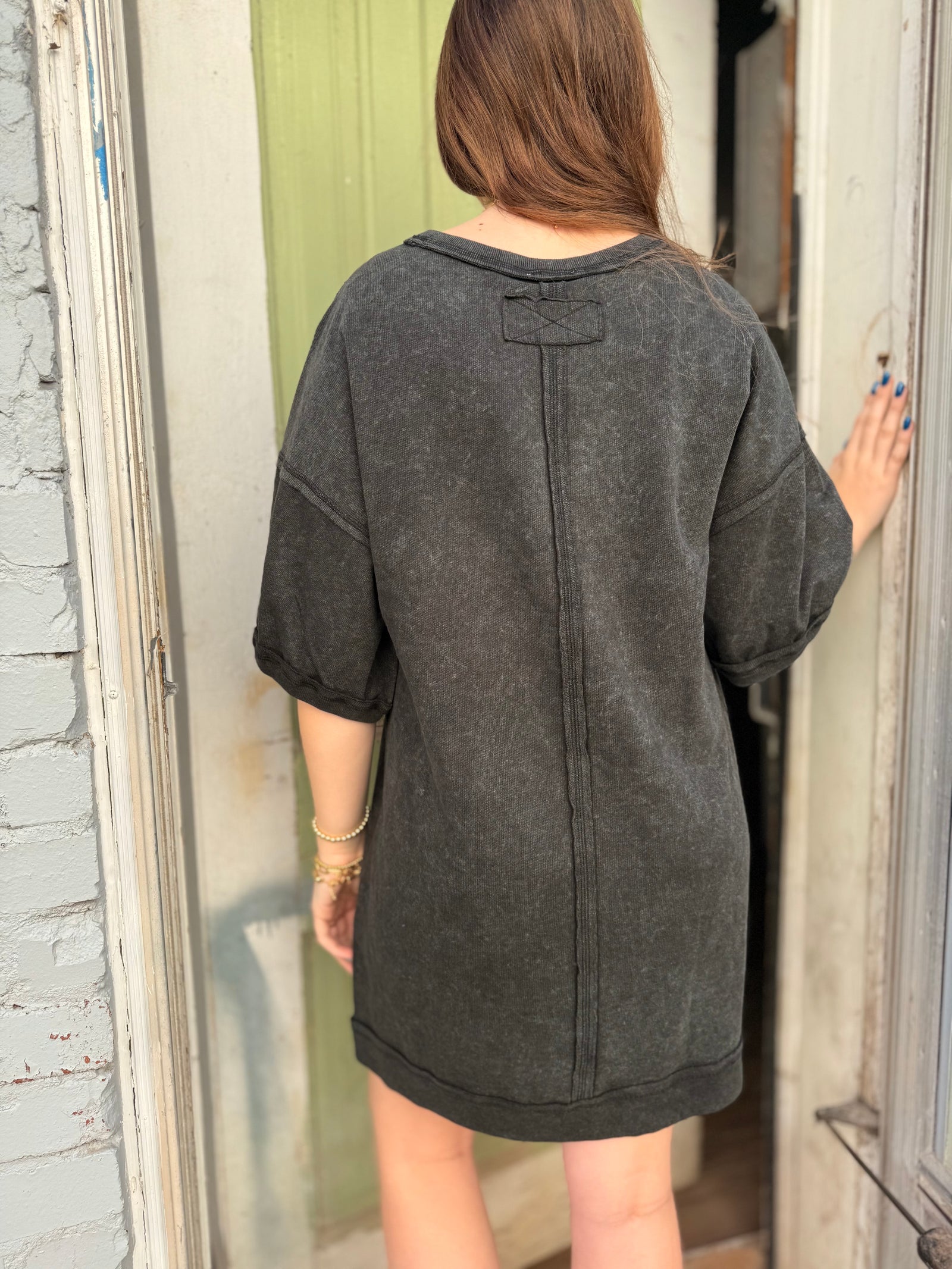 Black Mineral Wash Terry Knit Mini Dress