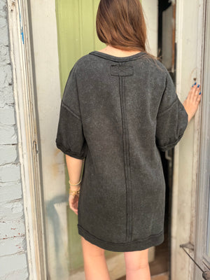 Black Mineral Wash Terry Knit Mini Dress