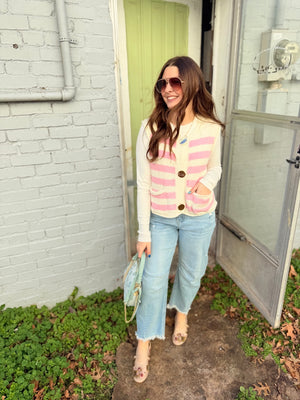 Pink Striped Knit Gold Button Vest