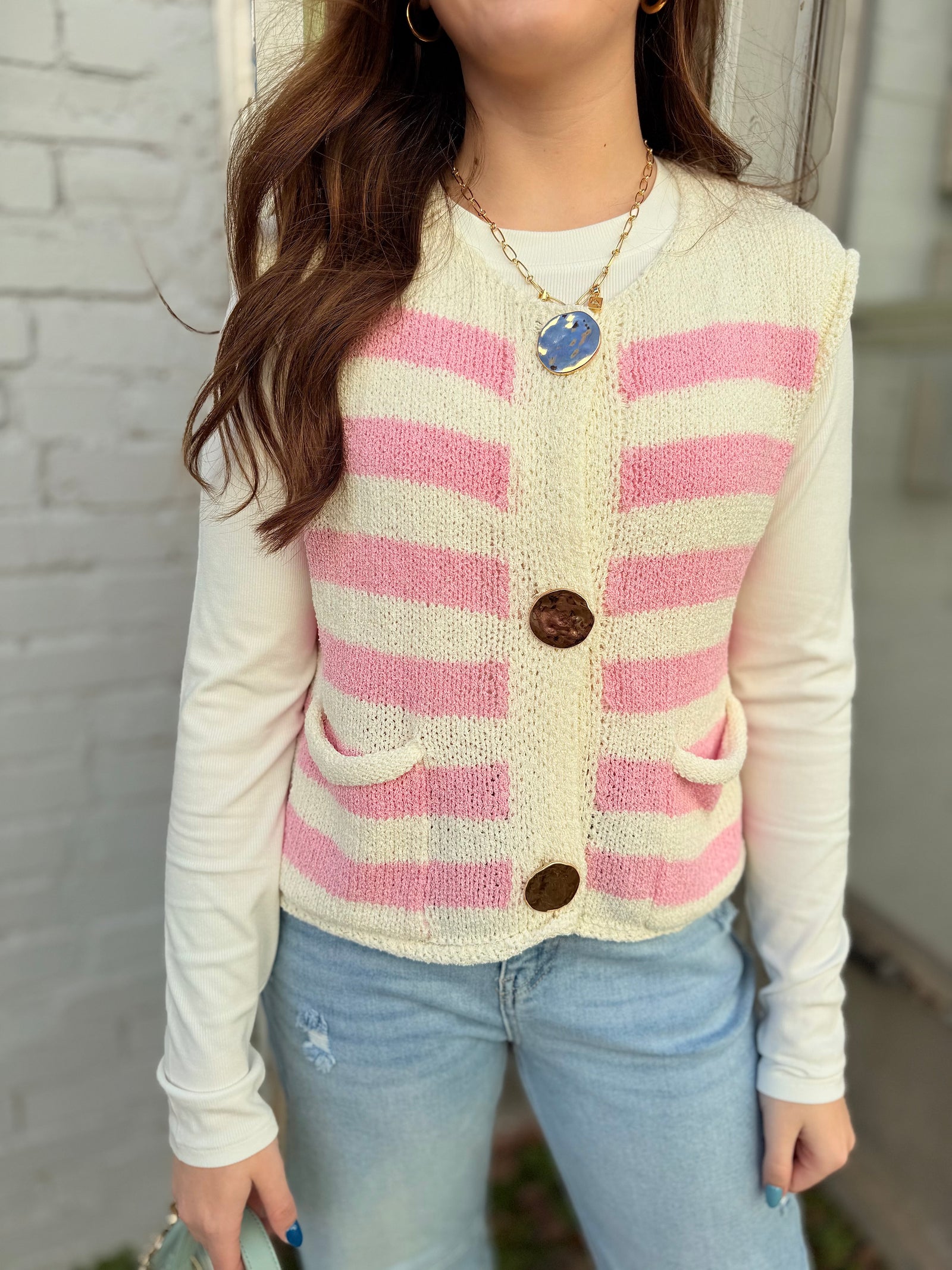 Pink Striped Knit Gold Button Vest