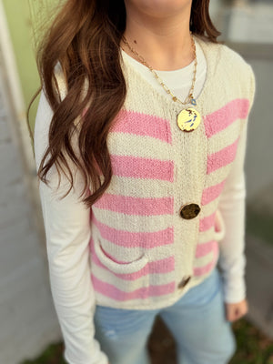 Pink Striped Knit Gold Button Vest