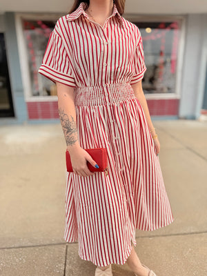 Red Striped Woven Midi Dress w/ Smocked Waist