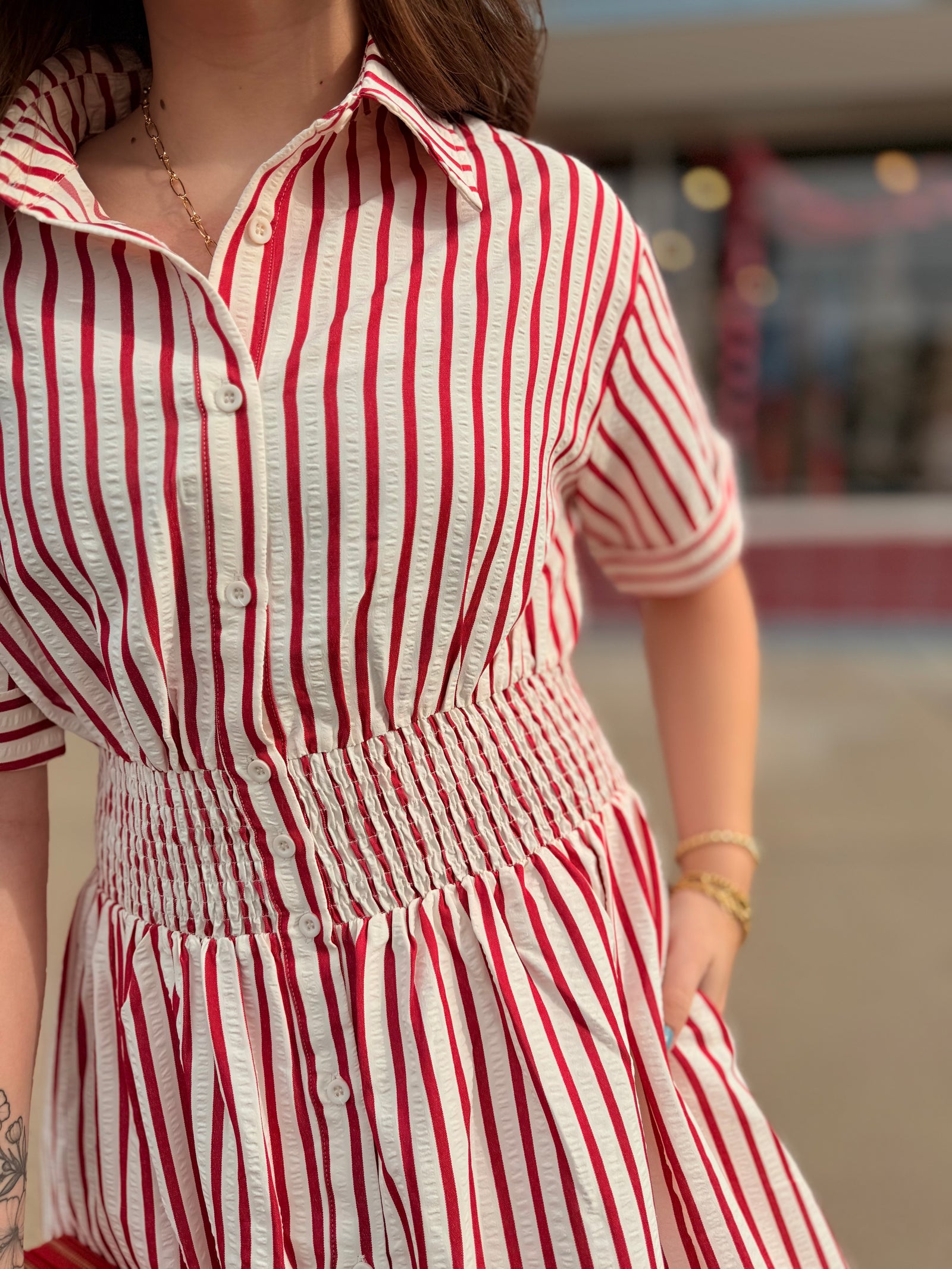 Red Striped Woven Midi Dress w/ Smocked Waist