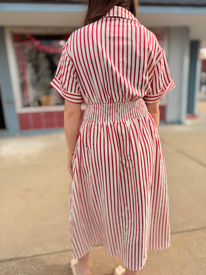 Red Striped Woven Midi Dress w/ Smocked Waist