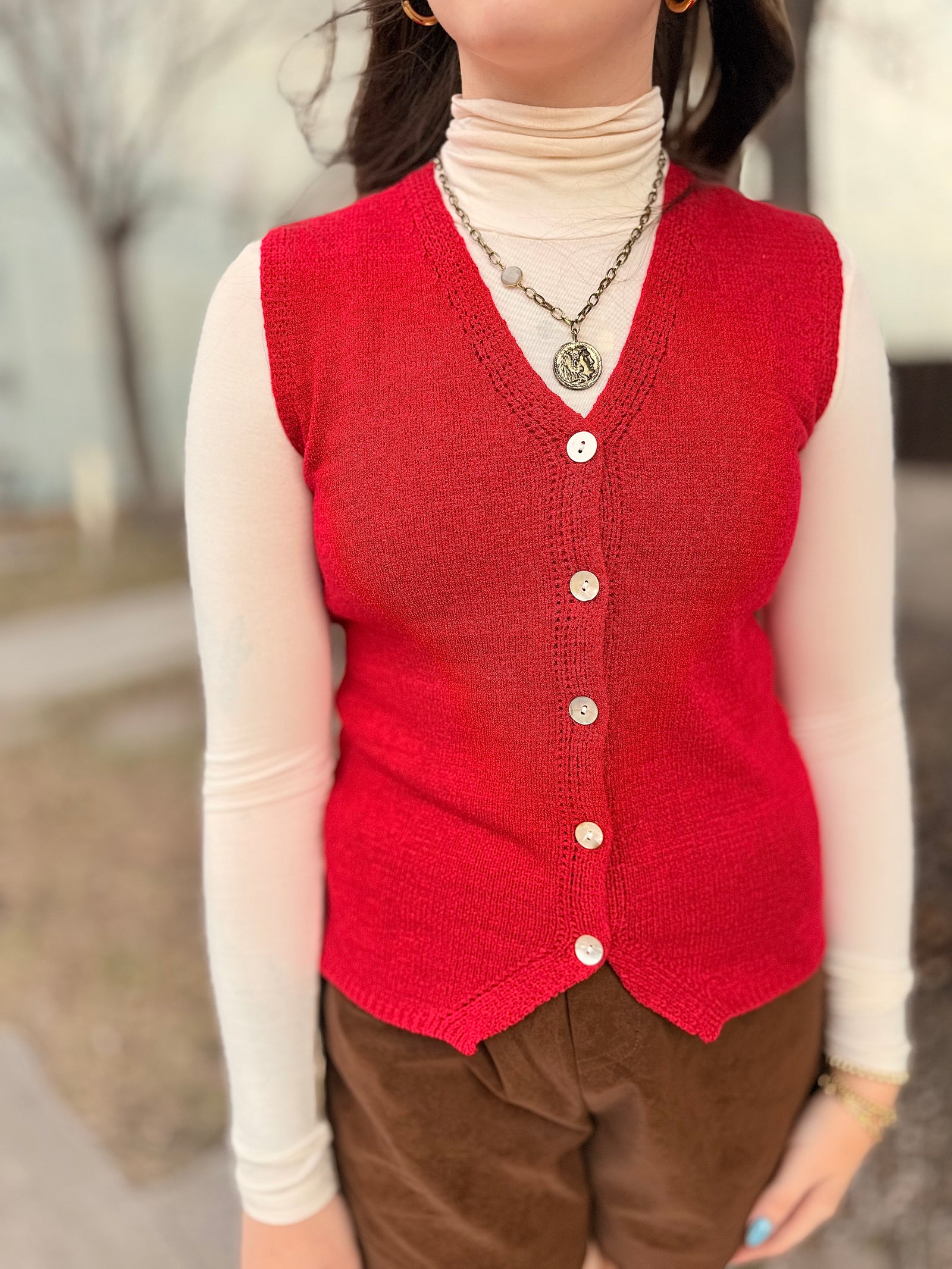 Red Sleeveless Knit Button Down Vest
