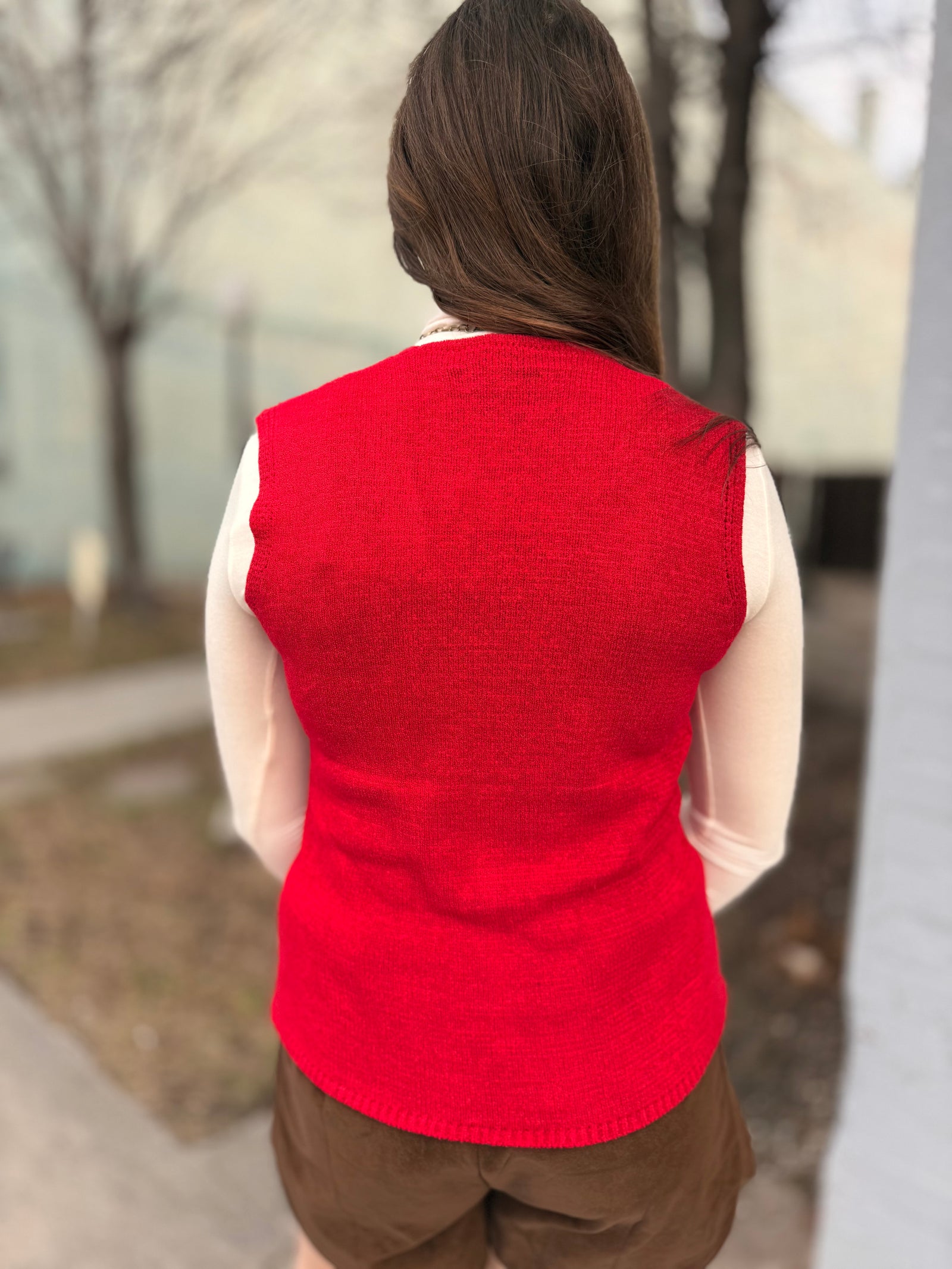 Red Sleeveless Knit Button Down Vest