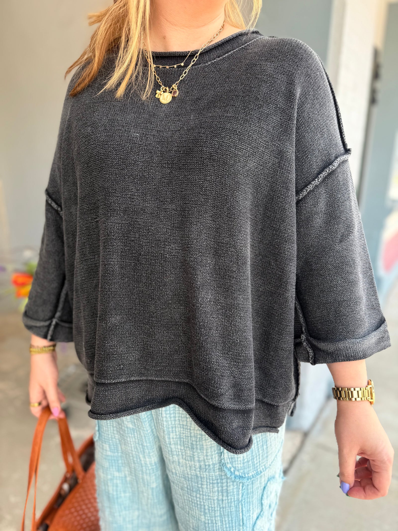 Blu Pepper Charcoal Inverted Seam Short Sleeve Sweatshirt