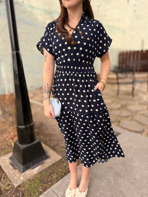 Navy Polka Dot Midi Dress