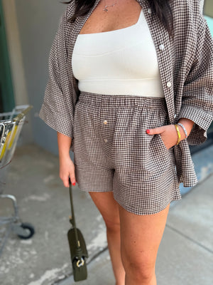 Olivaceous Brown Gingham Linen Shorts