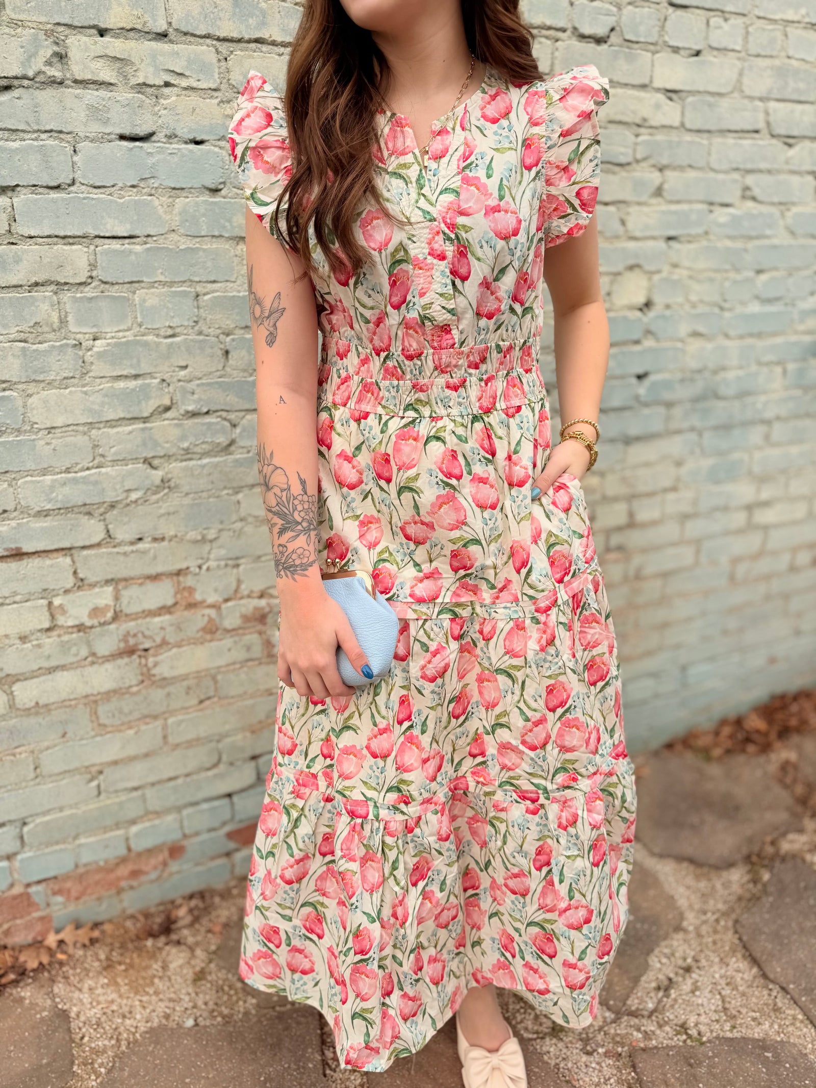Pink Floral Ruffle Sleeve Tiered Dress