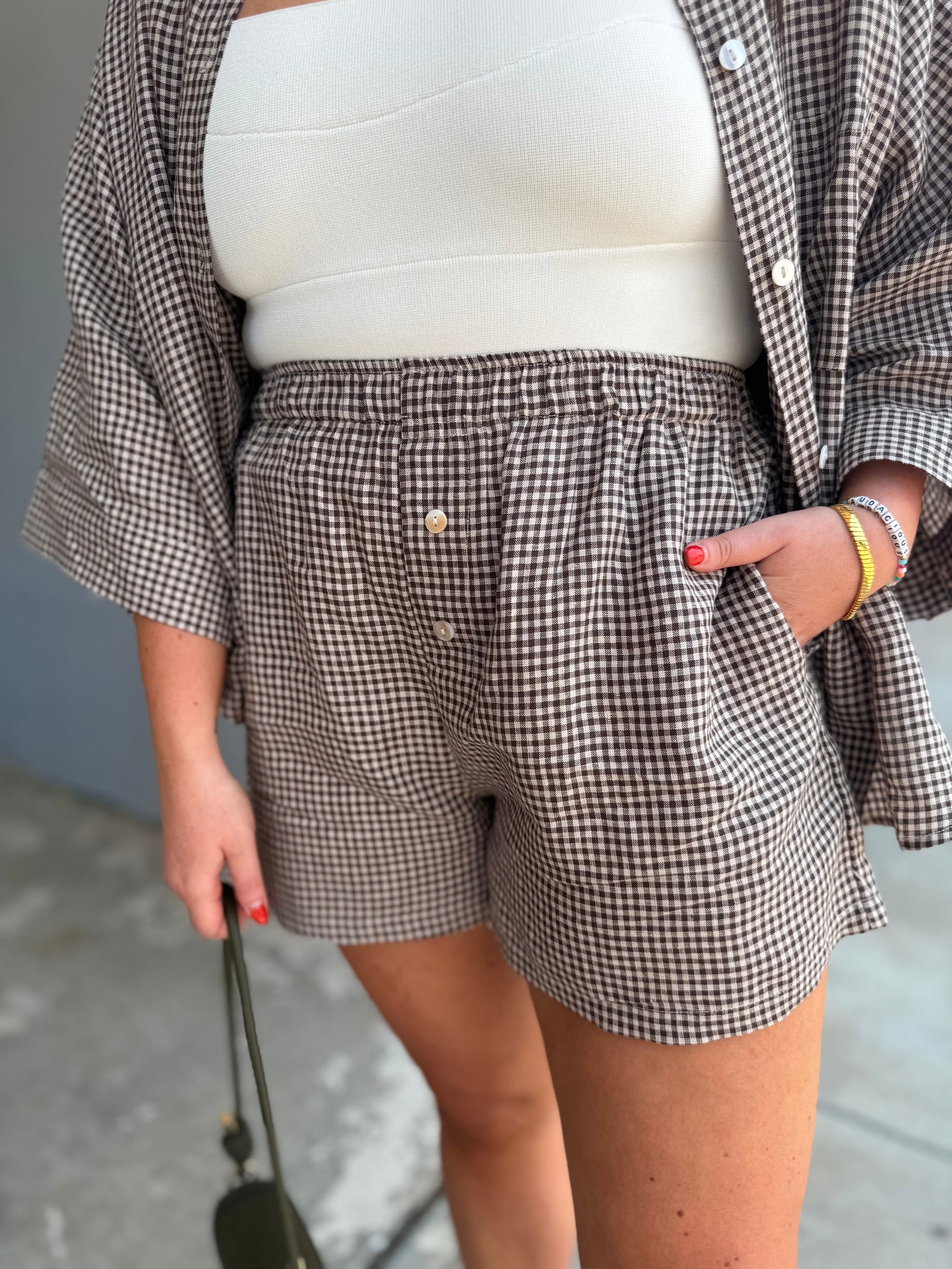 Olivaceous Brown Gingham Linen Shorts