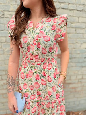 Pink Floral Ruffle Sleeve Tiered Dress