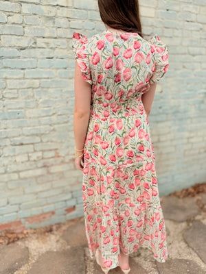 Pink Floral Ruffle Sleeve Tiered Dress