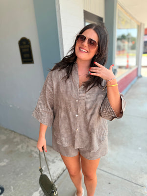 Olivaceous Brown Gingham Linen Button Down Top