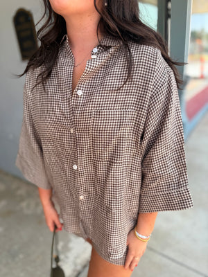 Olivaceous Brown Gingham Linen Button Down Top