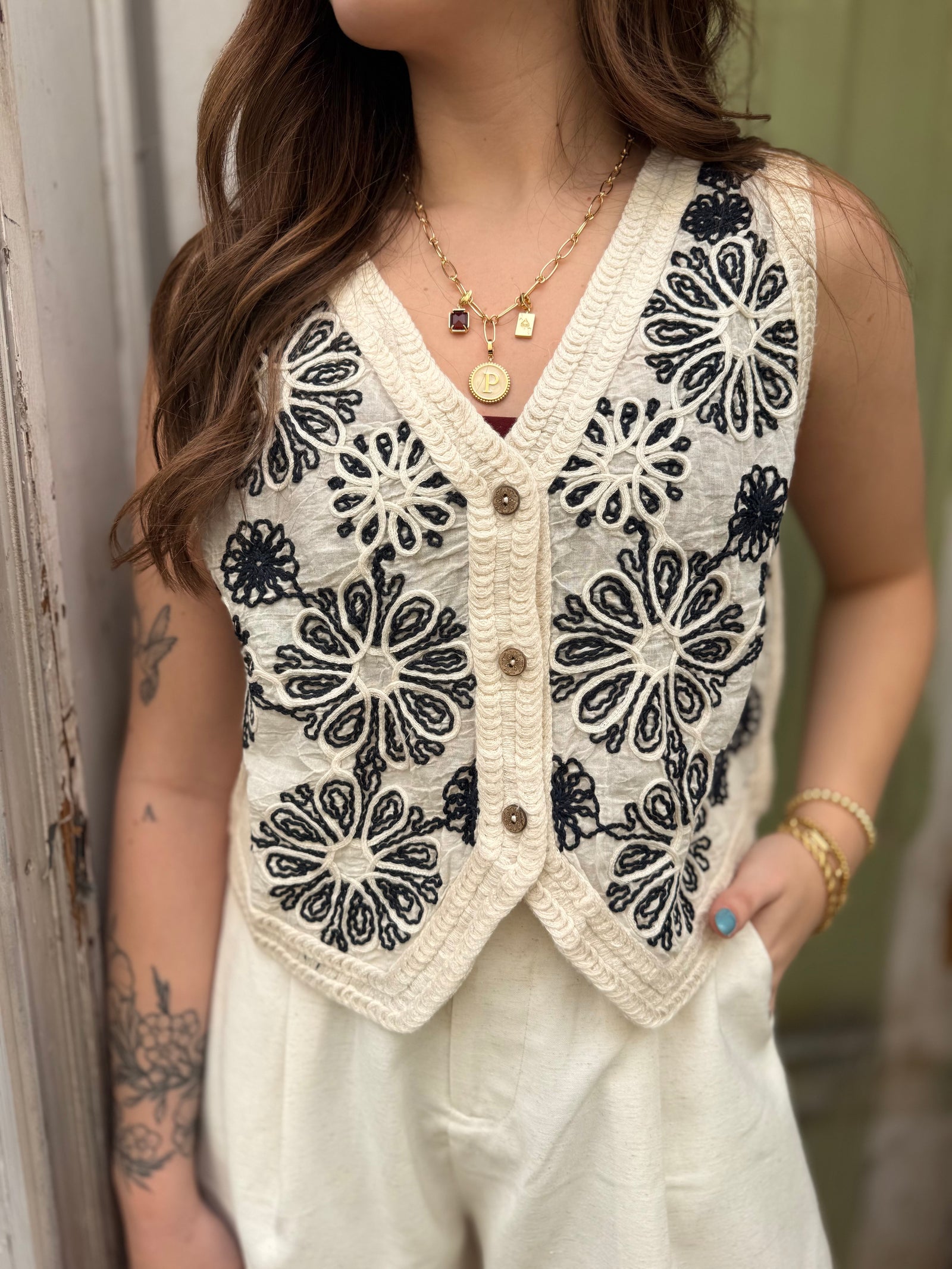 Ivory + Navy Floral Embroidered Crochet Vest