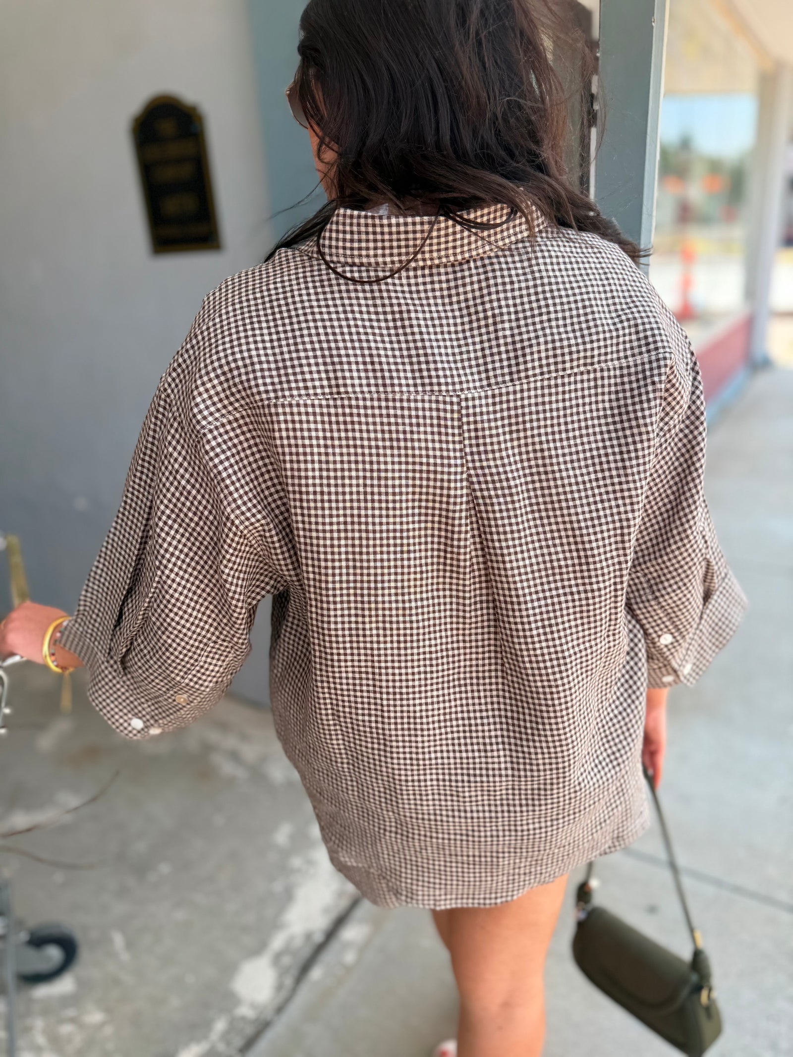 Olivaceous Brown Gingham Linen Button Down Top