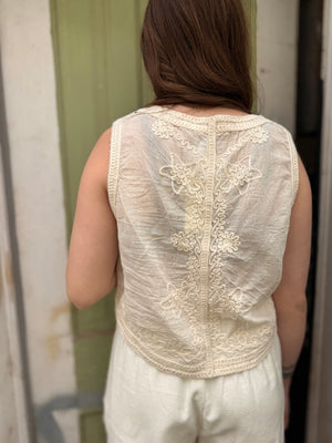 Ivory + Navy Floral Embroidered Crochet Vest