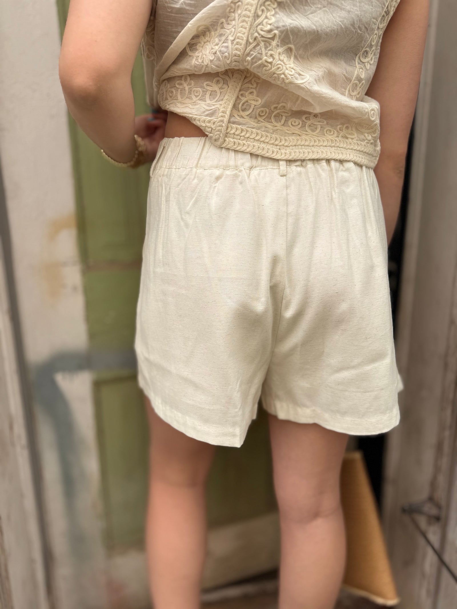Cream High Waist Woven Shorts