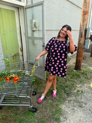 Very J Black Woven Mini Dress w/ Pink Polka Dots