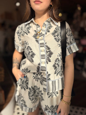 White + Black Print Stripe Mix Button Down Shirt