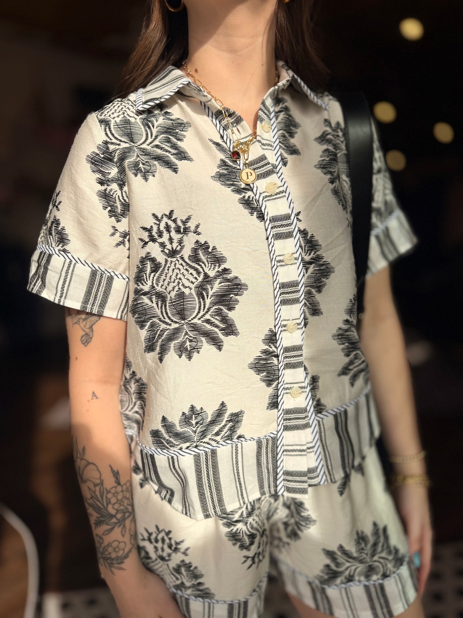 White + Black Print Stripe Mix Button Down Shirt