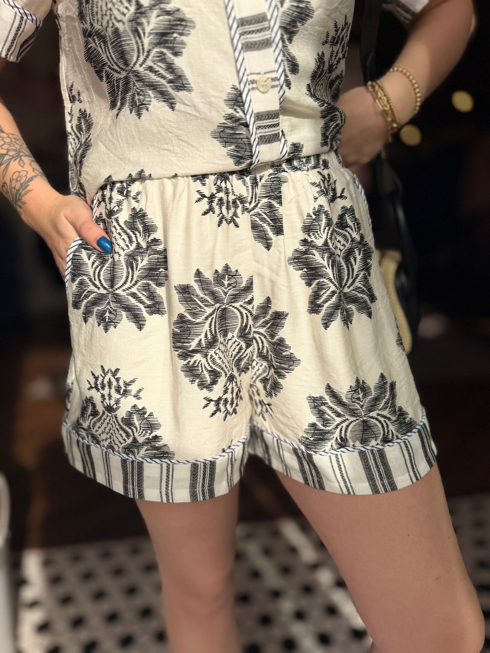 White + Black Print Stripe Mix Lined Shorts