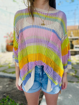 Open Knit Rainbow Striped Crochet Top