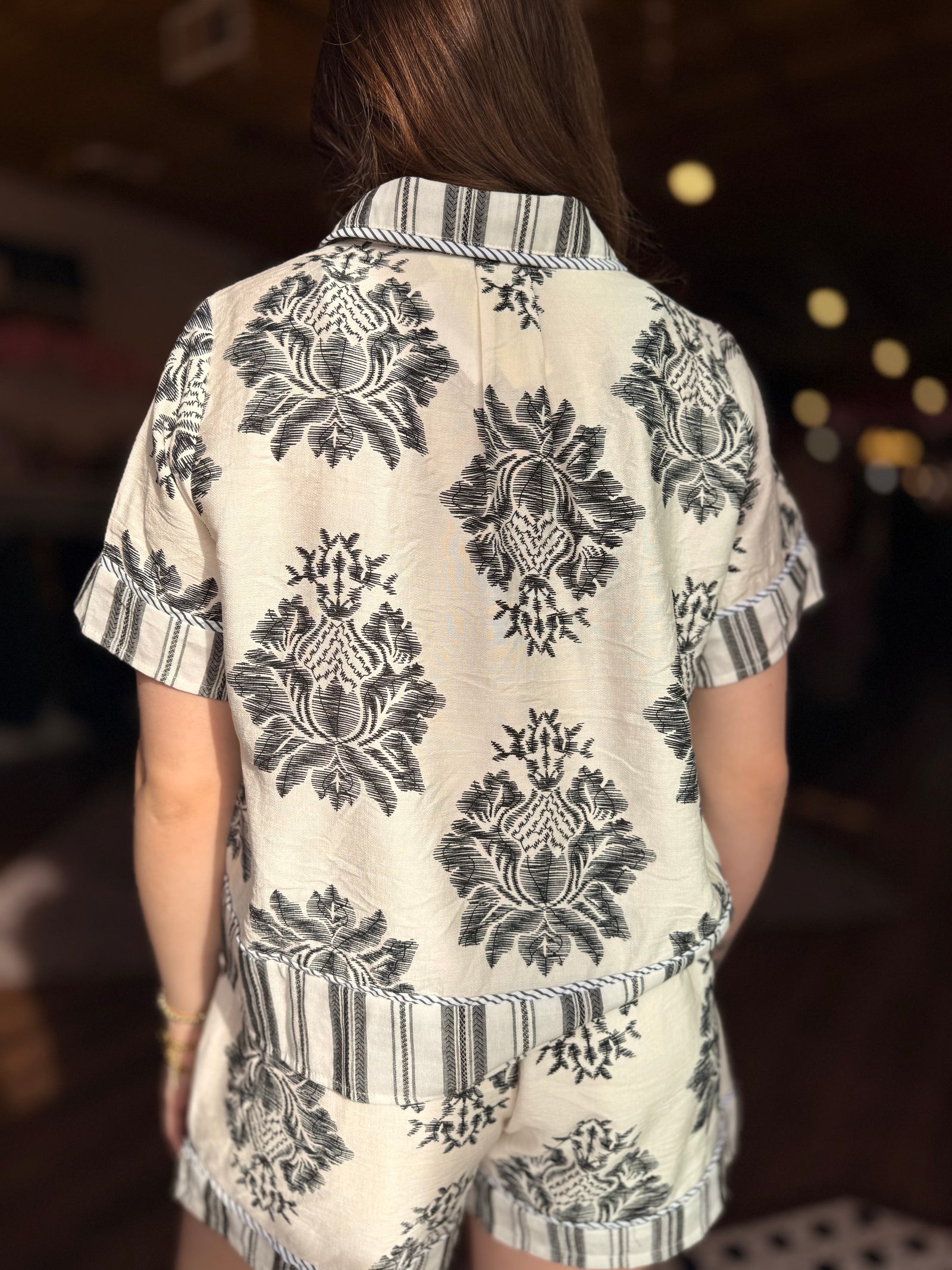 White + Black Print Stripe Mix Button Down Shirt