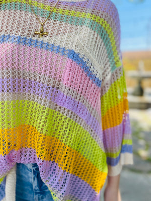 Open Knit Rainbow Striped Crochet Top