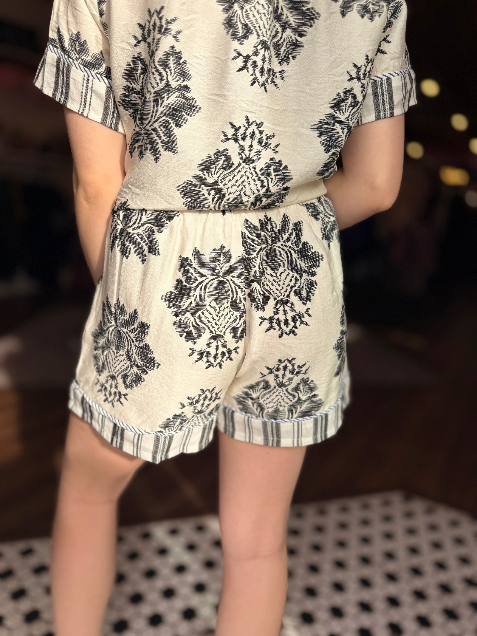 White + Black Print Stripe Mix Lined Shorts