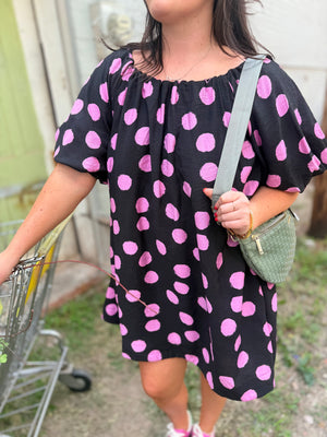 Very J Black Woven Mini Dress w/ Pink Polka Dots