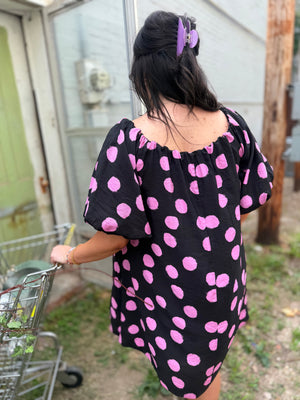 Very J Black Woven Mini Dress w/ Pink Polka Dots