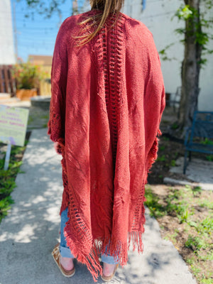 Frayed Hem Boho Ruana - Rust