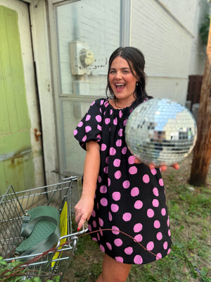 Very J Black Woven Mini Dress w/ Pink Polka Dots