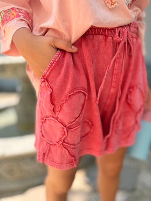 Easel Boho Red Flower Patch Mineral Wash Shorts