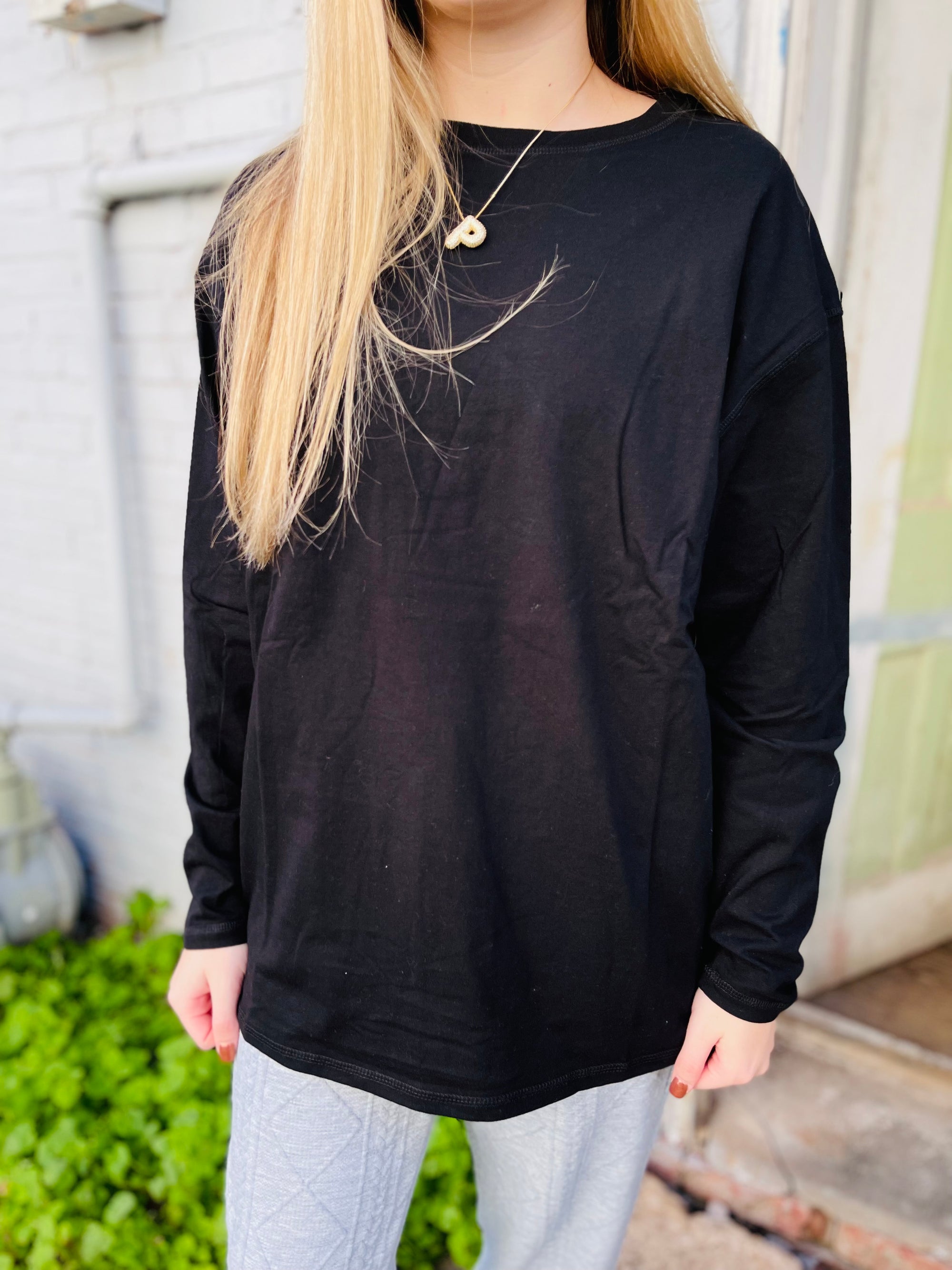 Black Cotton Long Sleeve Boyfriend T-Shirt