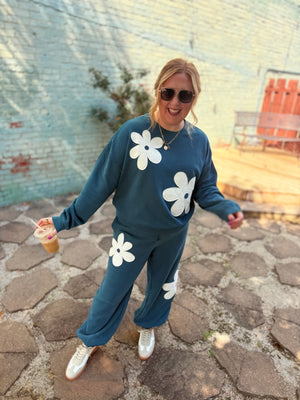 Hyfve Teal Floral Applique Drawstring Joggers