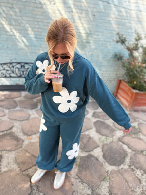 Hyfve Teal Floral Applique Drawstring Joggers