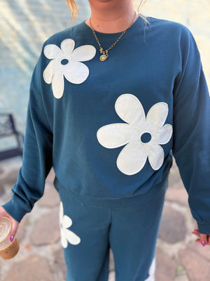 Hyfve Teal Floral Applique Crewneck Sweatshirt