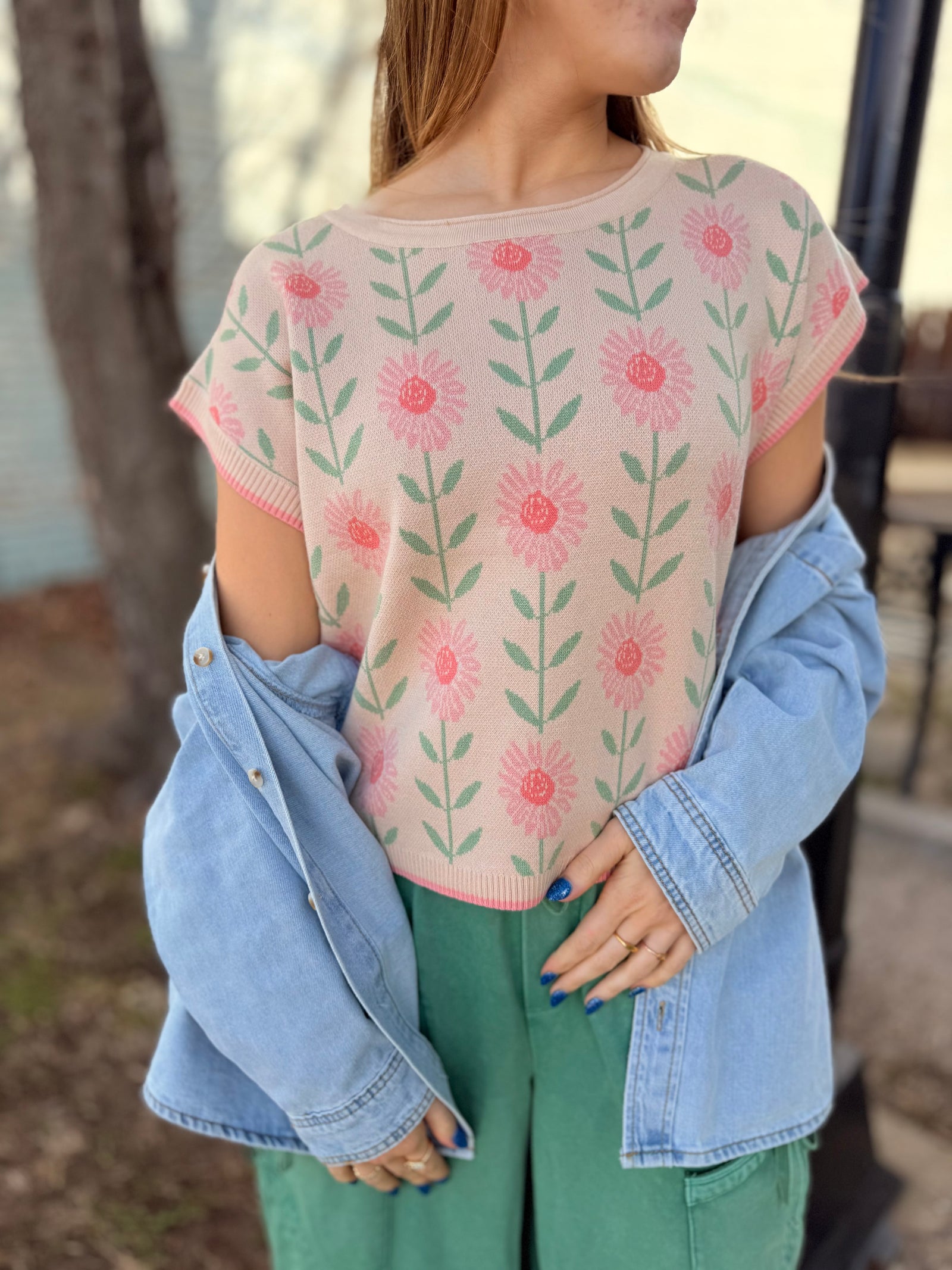 Pink Floral Print Boxy Knit Sweater Vest