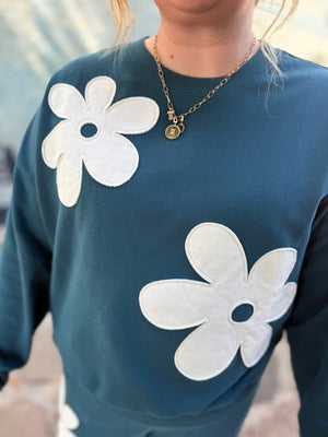 Hyfve Teal Floral Applique Crewneck Sweatshirt
