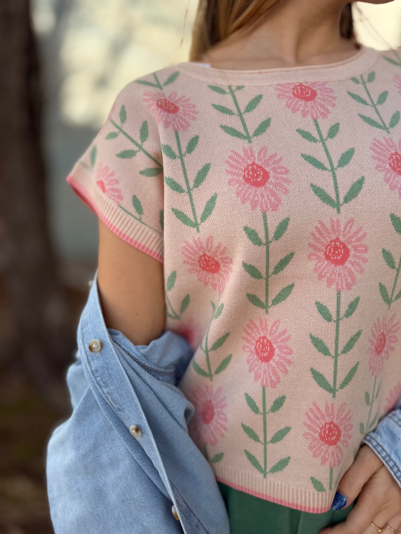 Pink Floral Print Boxy Knit Sweater Vest
