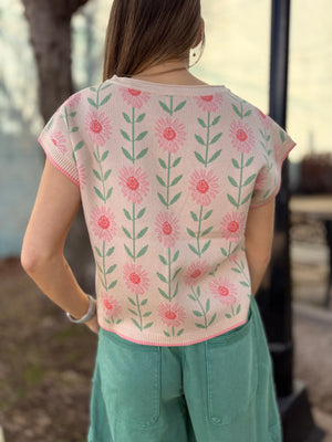 Pink Floral Print Boxy Knit Sweater Vest