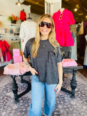 Black Mineral Wash Ribbed Slouchy Tee