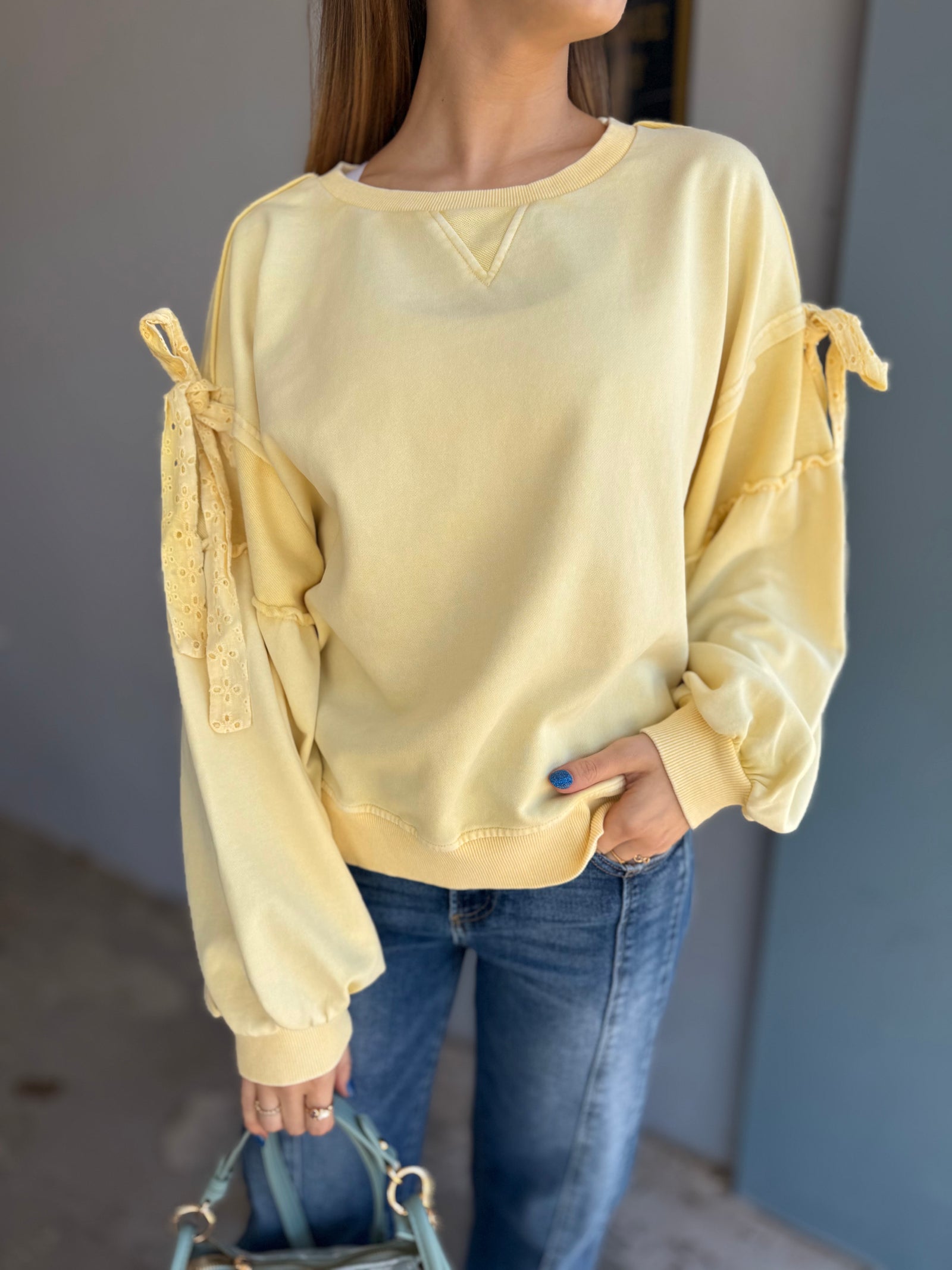Mittoshop Butter Yellow Eyelet Bow Detail Sweatshirt